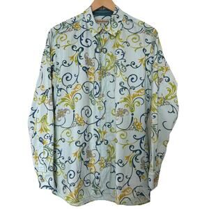 Tommy Bahama Shirt Mens Small Aqua Blue Green Print Cotton Silk Button Down